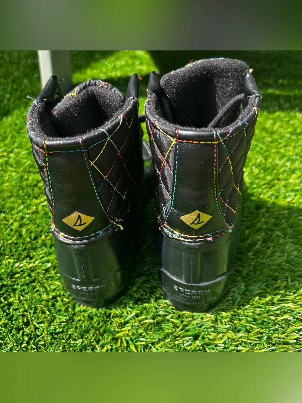 Sperry Port Duck Boots Rainbow Stitching Kids Sz 2 Youth Black Waterproof